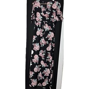 Lily‎ Rose Babydoll Maxi Dress Short Sleeve Dark Floral Contrast Cottage empire